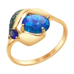 Кольцо из золота с синим корундом , синим опалом и зелеными фианитами 714796